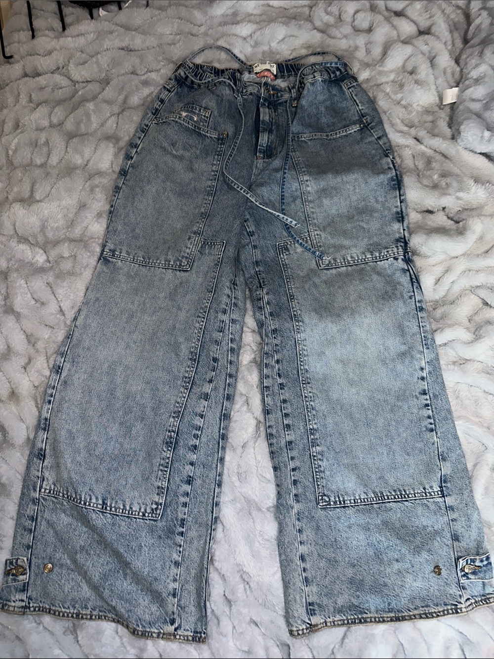 Free People Light Blue Acid-Wash Wide Leg Patch Jeans